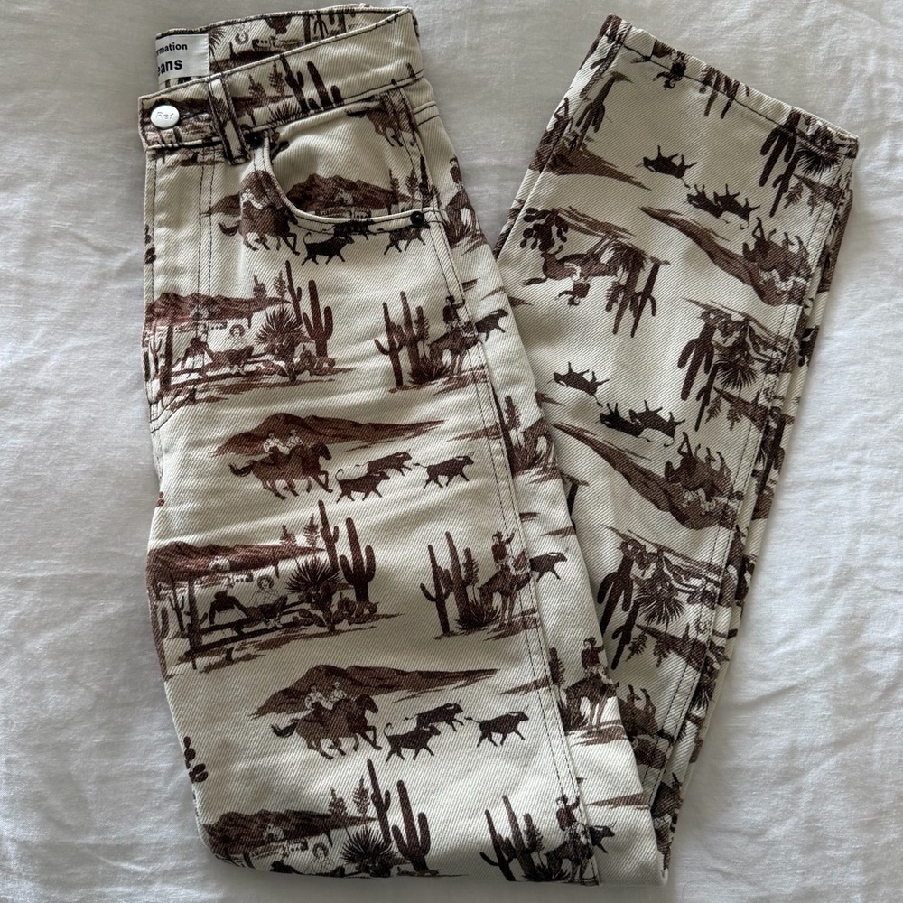 Reformation Sonora Cream Jeans with Brown Western Cowboy Print
